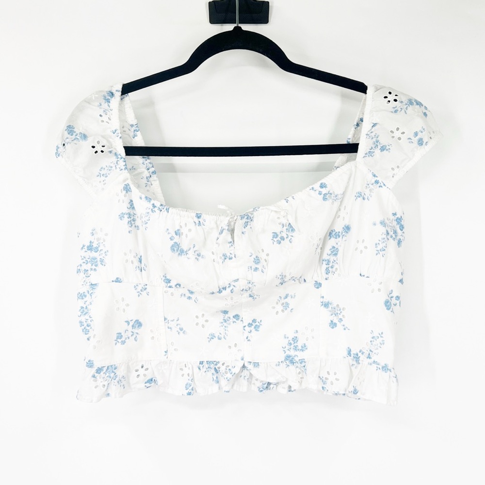 Hollister Blue White Floral Eyelet Crop Top